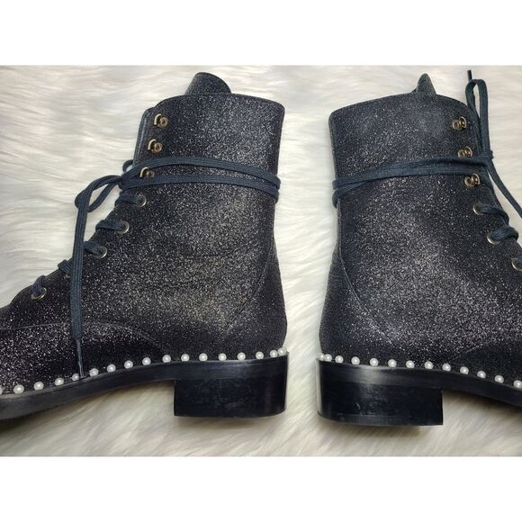 Stuart Weitzman|Sondra Bead Embellished Black Glitter Combat Boots, 6 - Picture 14 of 16